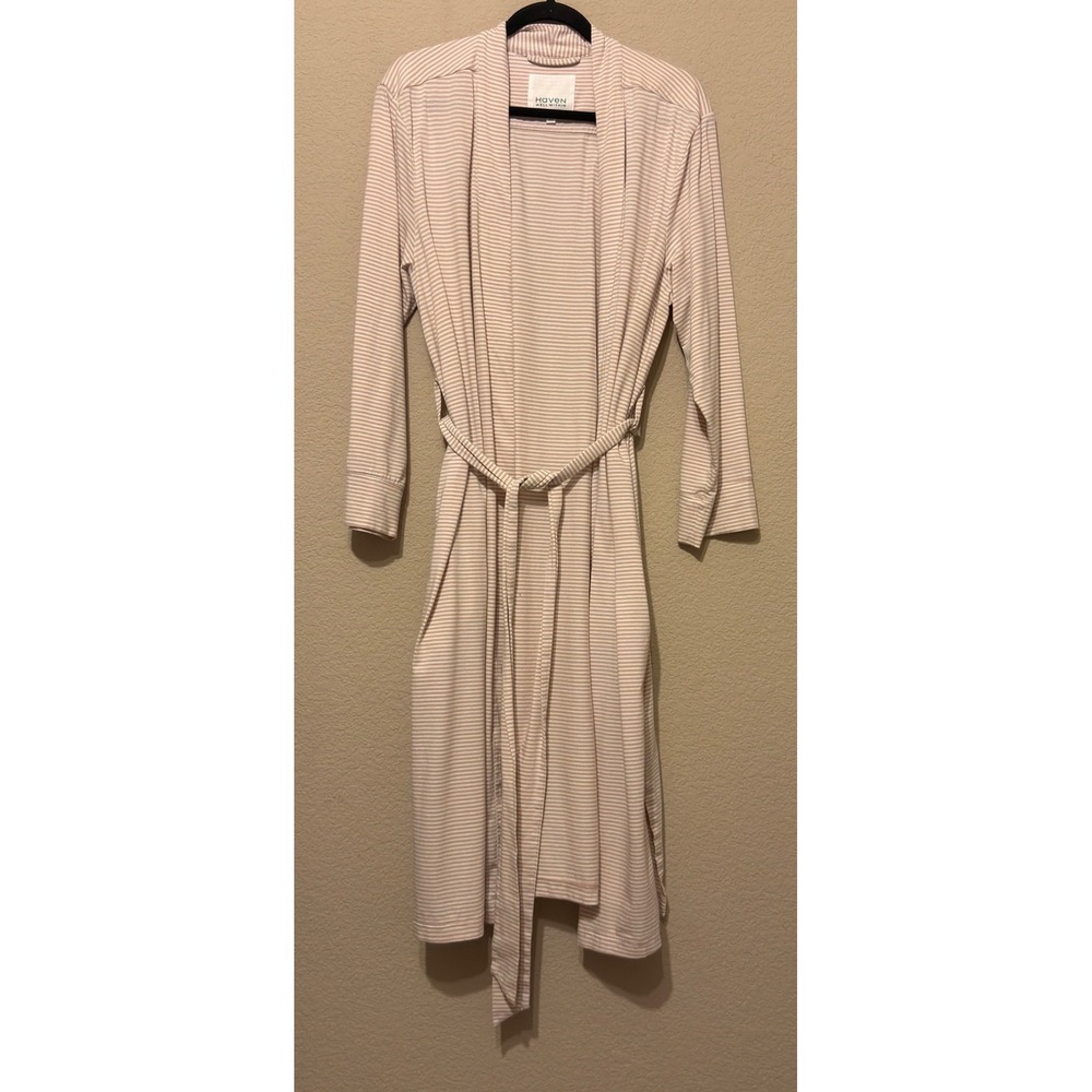 Haven Well Within Tan White Striped Belted Robe Pockets Side Slit L Loungewear